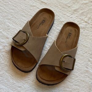 Tan Cork Slide Sandals with Buckle